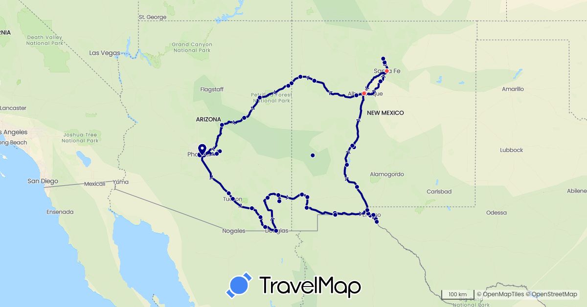 TravelMap itinerary: driving, hiking in Mexico, United States (North America)